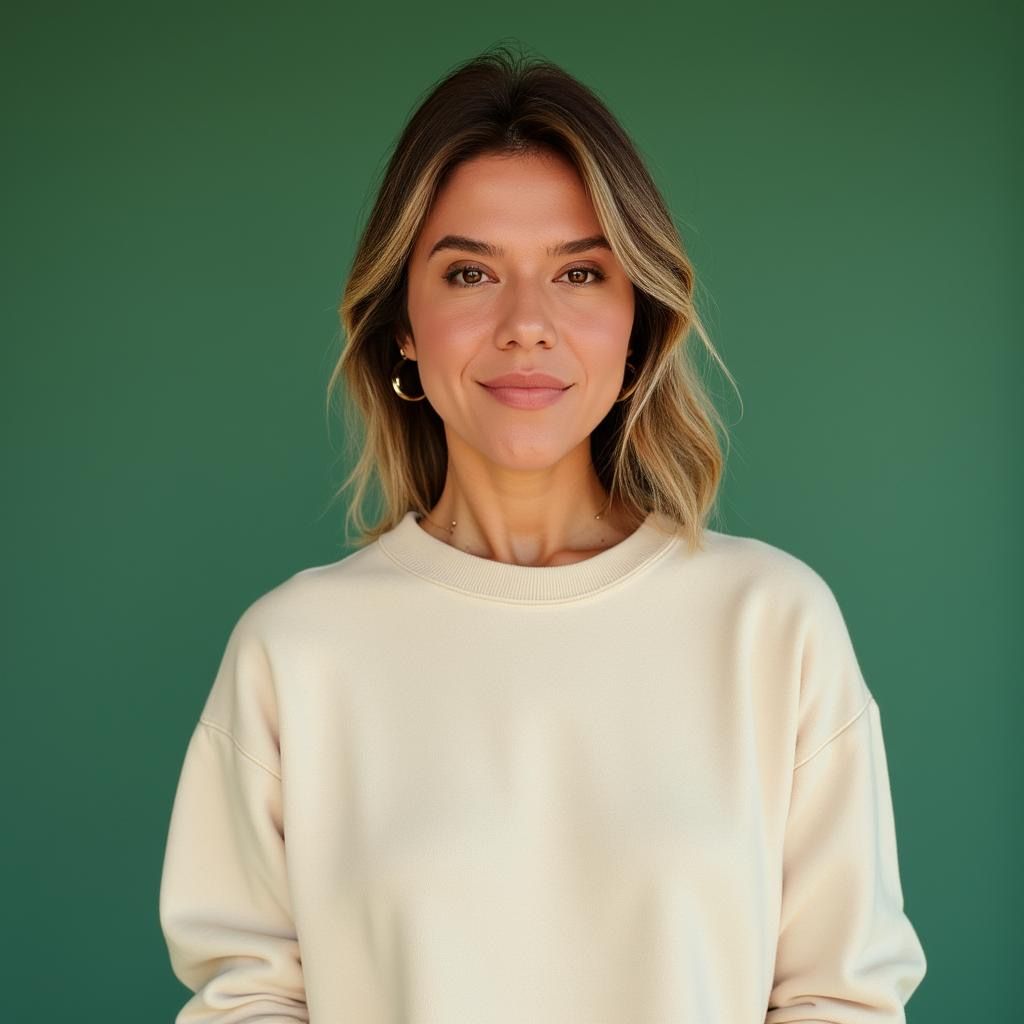 Carla sorrindo, de blusa clara, em frente a um fundo verde