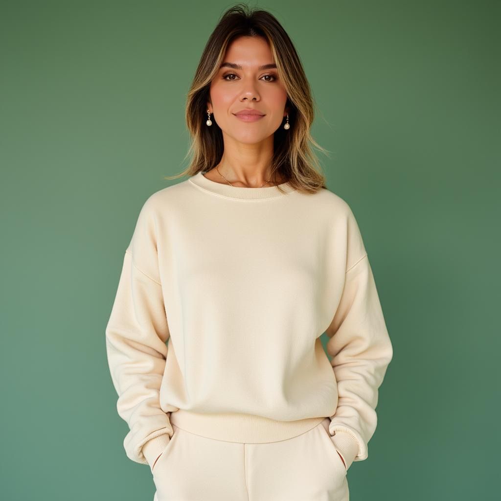 Carla de conjunto claro, mãos nos bolsos, em frente a um fundo verde